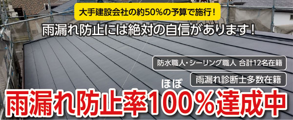 大手会社の約50%の予算で施工!雨漏れ防止には絶対の自信があります!防水職人・シーリング職人合計12人在籍雨漏れ診断士多数在籍雨漏れ防止率100%達成中